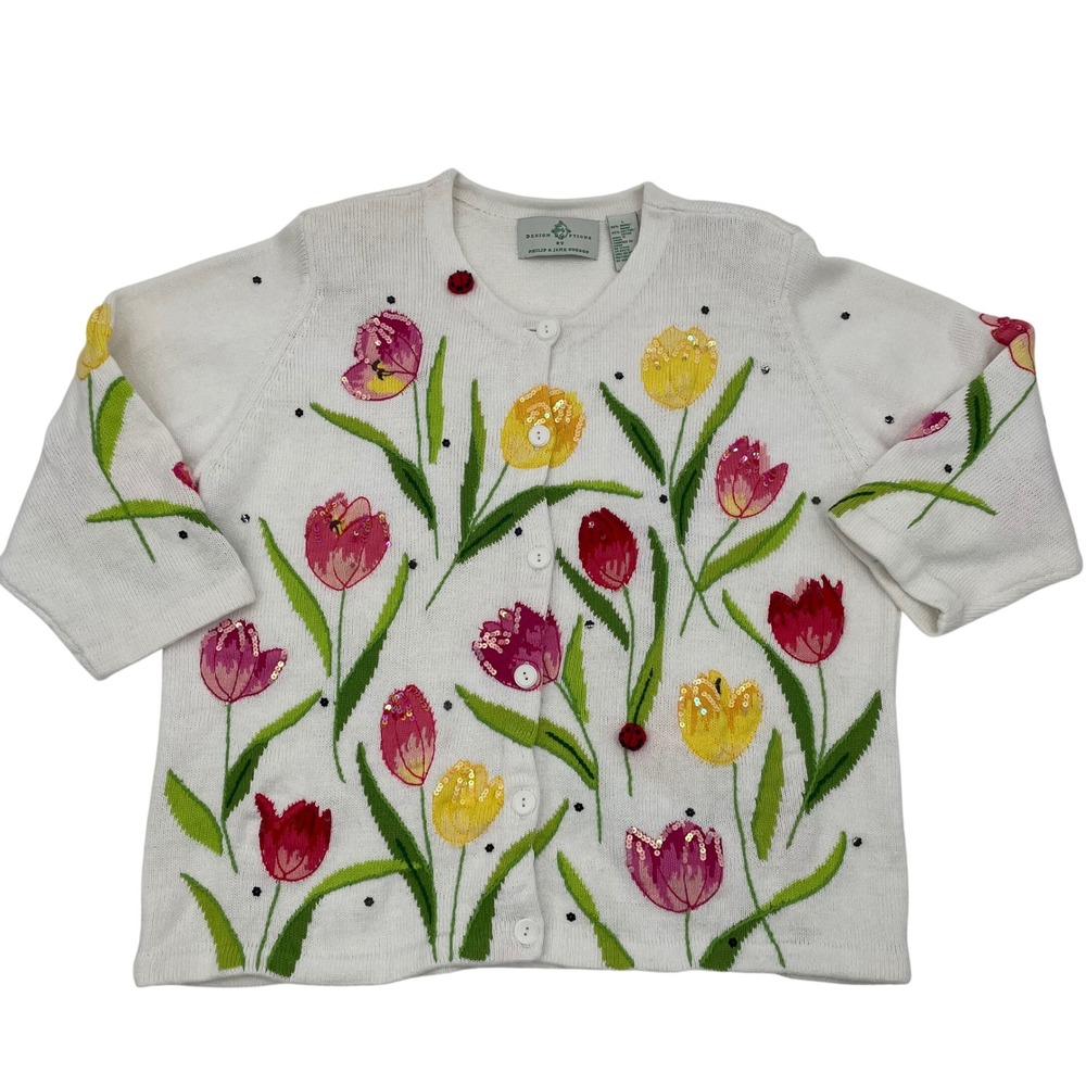 Design Options by Philip Jane Gordon White Tulip‎ Embroidered Cardigan Sweater L
